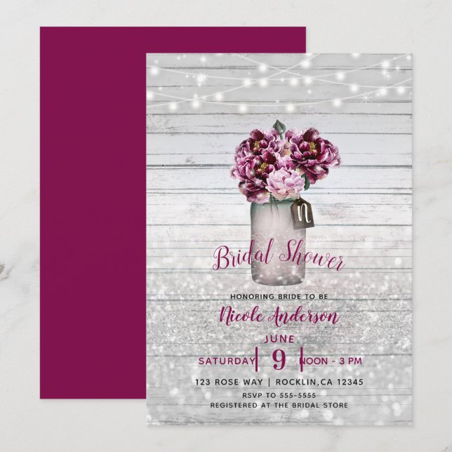 Rustic Glamour Wood & Burgundy Mason Jar Flowers Invitation (Front/Back)