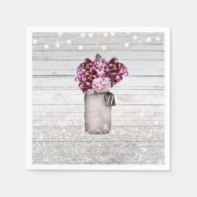 Rustic Glamour Wood & Burgundy Mason Jar Flowers Paper Napkins (Front)