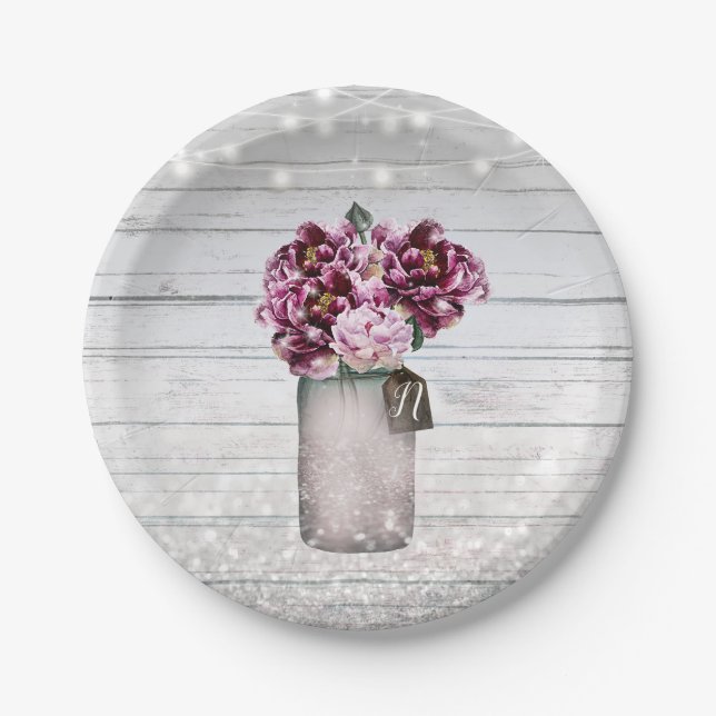 Rustic Glamour Wood & Burgundy Mason Jar Flowers Paper Plates (Front)