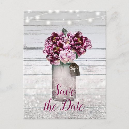 Rustic Glamour Wood Burgundy Mason Jar Save Date Announcement Postcard