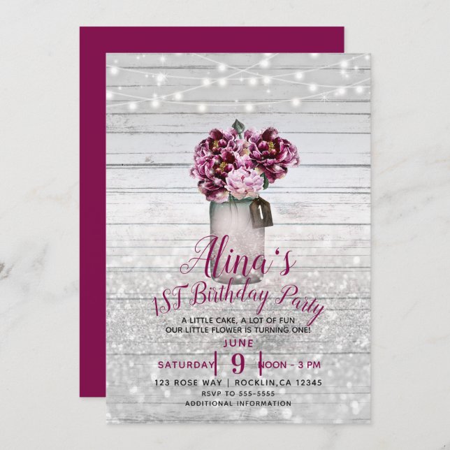 Rustic Glamour Wood Mason Jar Flowers 1st Birthday Invitation (Front/Back)