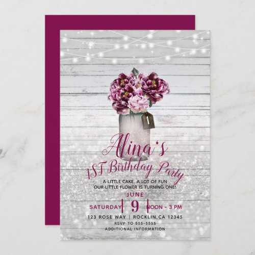 Rustic Glamour Wood Mason Jar Flowers 1st Birthday Invitation