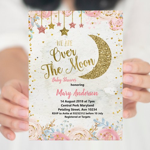 Rustic Glitter Gold Moon Baby Shower for girl Invitation