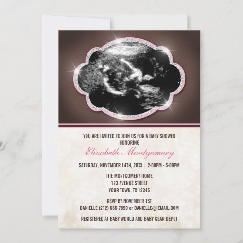 Rustic Glitter Pink Sonogram Baby Shower Personalized Invitation