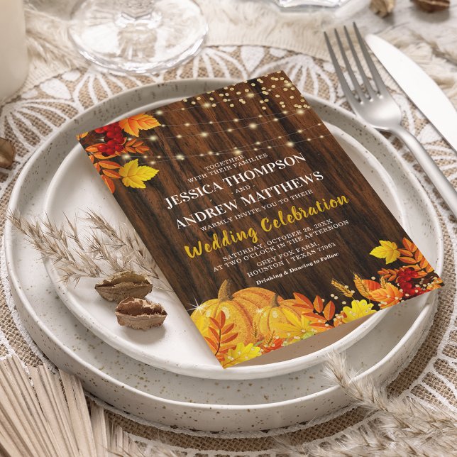 Rustic Glitter Pumpkin Autumn Wedding Invitation (Creator Uploaded)