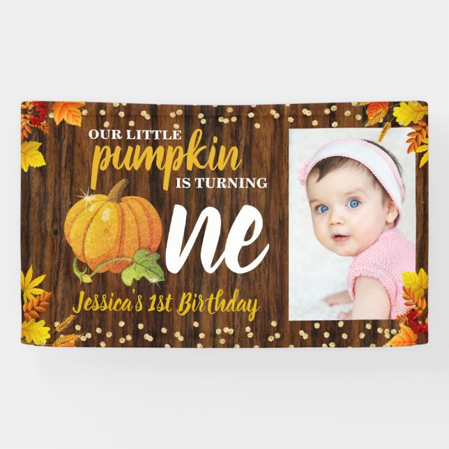 Rustic Glitter Pumpkin Fall Neutral 1st Birthday Banner (Horizontal)