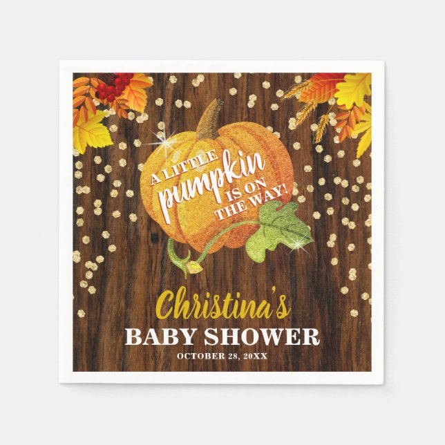 Rustic Glitter Pumpkin Fall Neutral Baby Shower Napkins (Front)