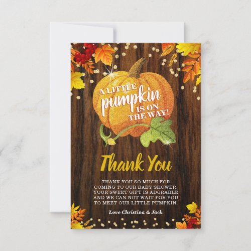 Rustic Glitter Pumpkin Fall Neutral Baby Shower Thank You Card