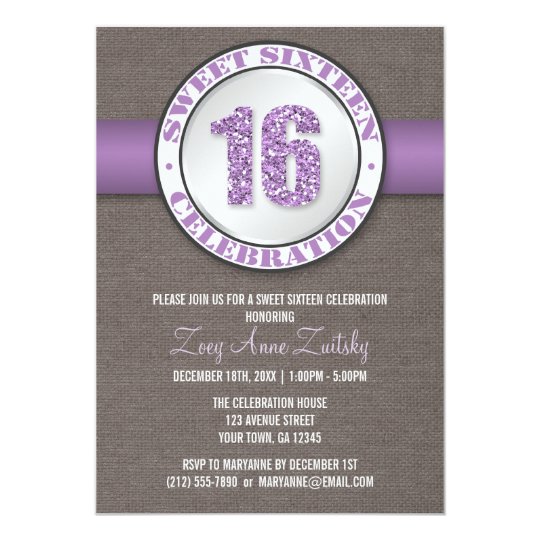 Rustic Glitter Purple Sweet 16 Invitations