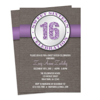 Rustic Glitter Purple Sweet 16 Invitations by Birthday_Delight at Zazzle