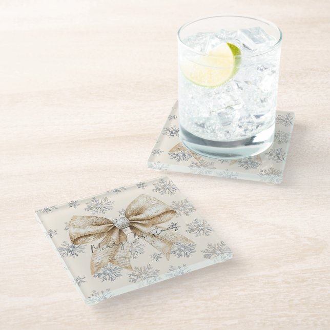 Rustic Glitzy Cream Bows Christmas   Glass Coaster (Angled)