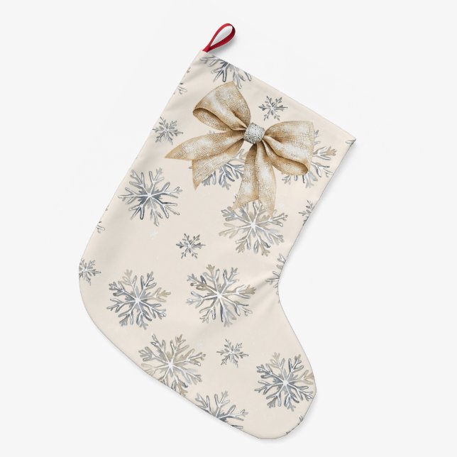 Rustic Glitzy Cream Bows Christmas   Large Christmas Stocking (Front (Hanging))