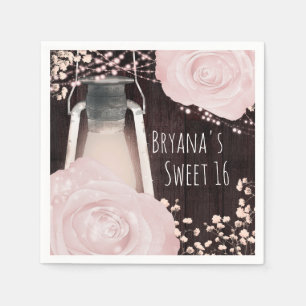 Rustic Glow Lantern Baby Pink Blush Roses Sweet 16 Napkins