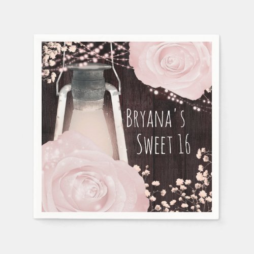 Rustic Glow Lantern Baby Pink Blush Roses Sweet 16 Napkins