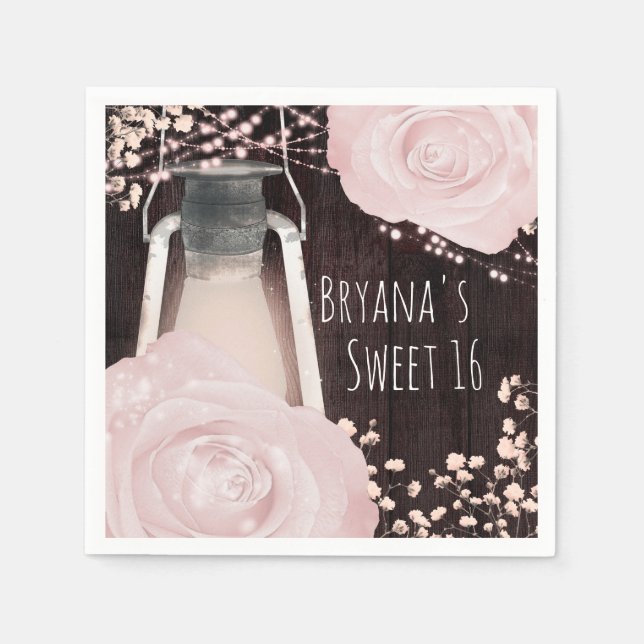 Rustic Glow Lantern Baby Pink Blush Roses Sweet 16 Napkins (Front)