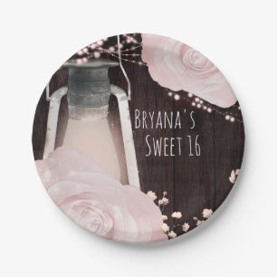 Rustic Glow Lantern Baby Pink Blush Roses Sweet 16 Paper Plates