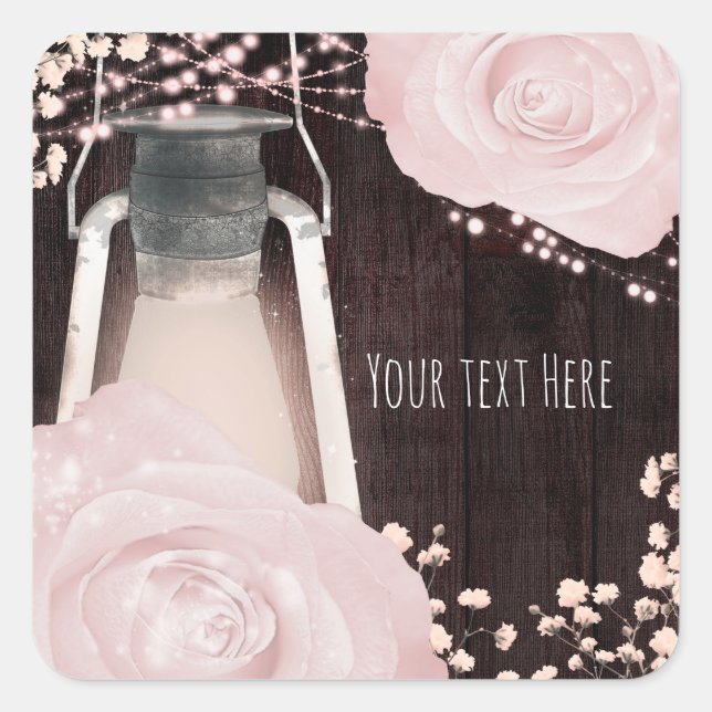 Rustic Glow Lantern Baby Pink Blush Roses Wedding Square Sticker (Front)