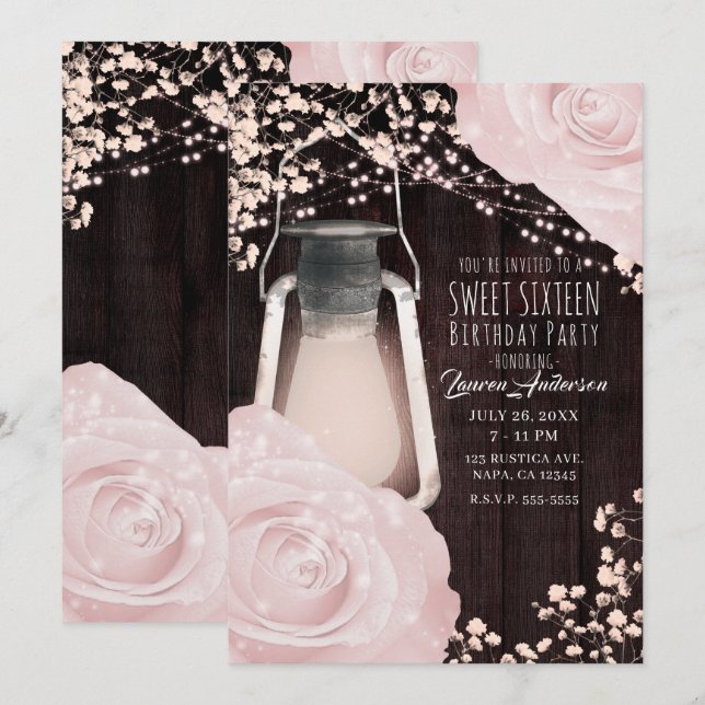 Rustic Glow Lantern Baby Pink Roses Sweet 16 Invitation (Front/Back)
