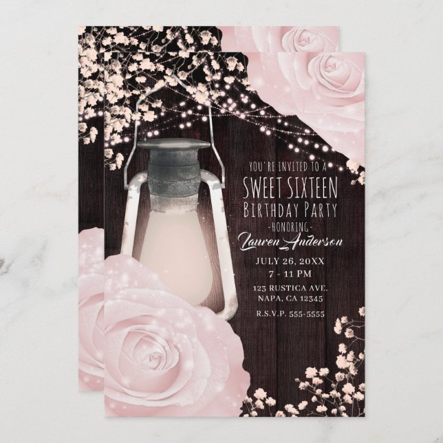 Rustic Glow Lantern Baby Pink Roses Sweet 16 Invitation (Front/Back)