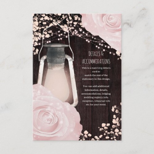 Rustic Glow Lantern Baby Pink Roses Wedding Enclosure Card