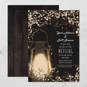 Rustic Glow Lantern & Baby's Breath Floral Wedding Invitation