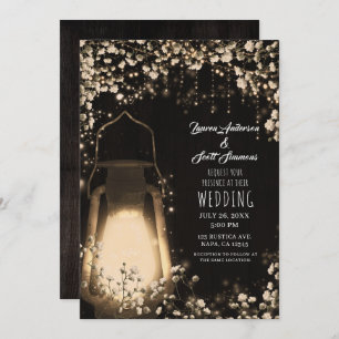 Rustic Glow Lantern & Baby's Breath Floral Wedding Invitation