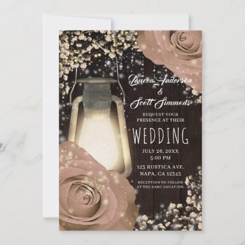 Rustic Glow Lantern Beige Roses Barn Wedding Invitation