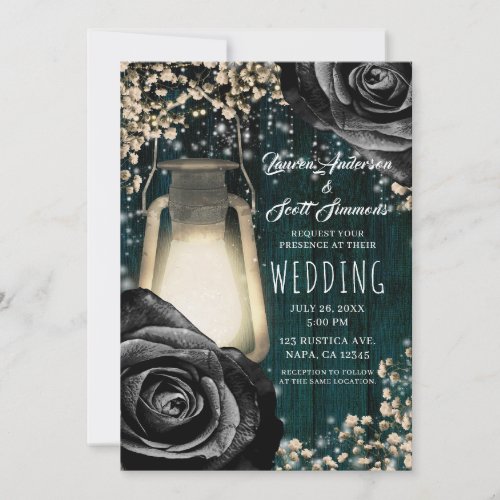 Rustic Glow Lantern Black Roses  Teal Wedding Invitation