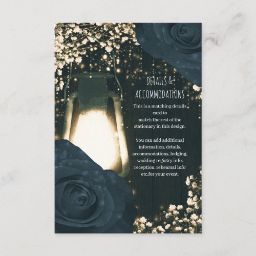 Rustic Glow Lantern Blue Black Roses Wedding Enclosure Card