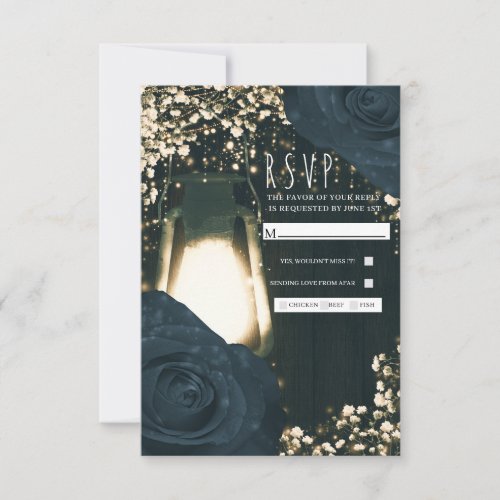 Rustic Glow Lantern Blue Black Roses Wedding RSVP