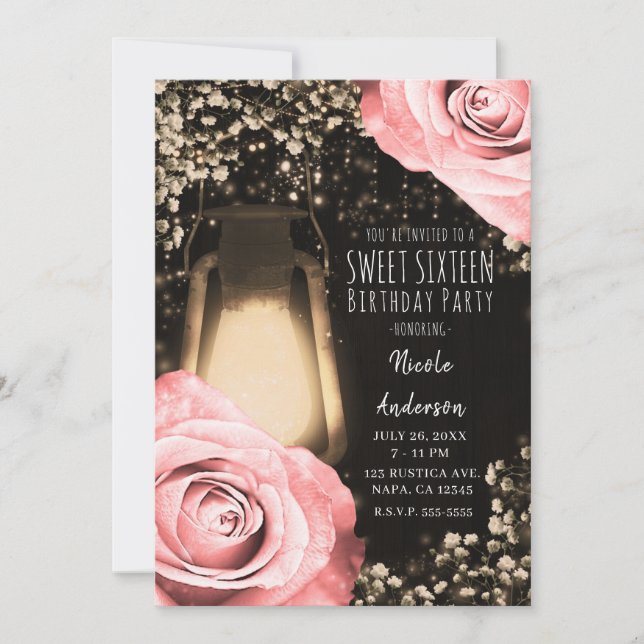Rustic Glow Lantern Blush Peach Roses Sweet 16  Invitation (Front)