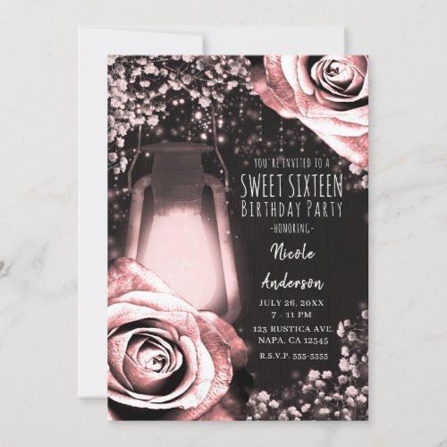 Rustic Glow Lantern Blushing Pink Roses Sweet 16 Invitation