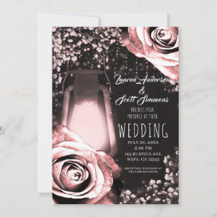 Rustic Glow Lantern Blushing Pink Roses Wedding Invitation