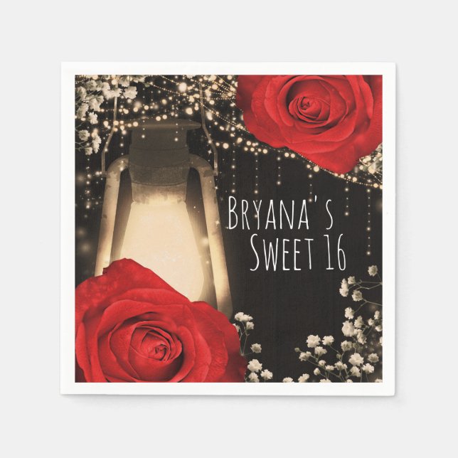 Rustic Glow Lantern Bright Red Roses Barn Wood Napkins (Front)