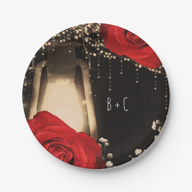 Rustic Glow Lantern Bright Red Roses Barn Wood Paper Plates (Front)