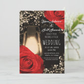 Rustic Glow Lantern Bright Red Roses Glam Wedding Invitation (Standing Front)