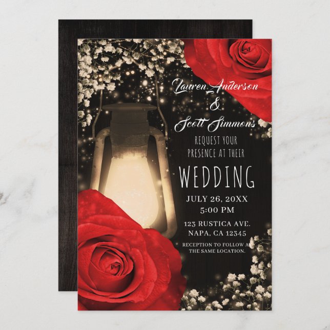 Rustic Glow Lantern Bright Red Roses Glam Wedding Invitation (Front/Back)