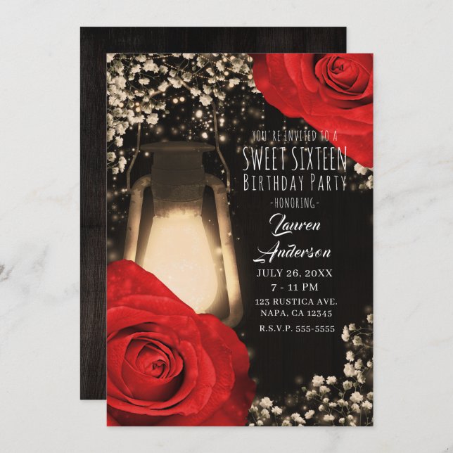 Rustic Glow Lantern & Bright Red Roses Sweet 16 Invitation (Front/Back)
