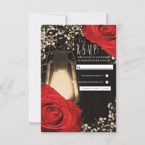 Rustic Glow Lantern Bright Red Roses Wedding RSVP