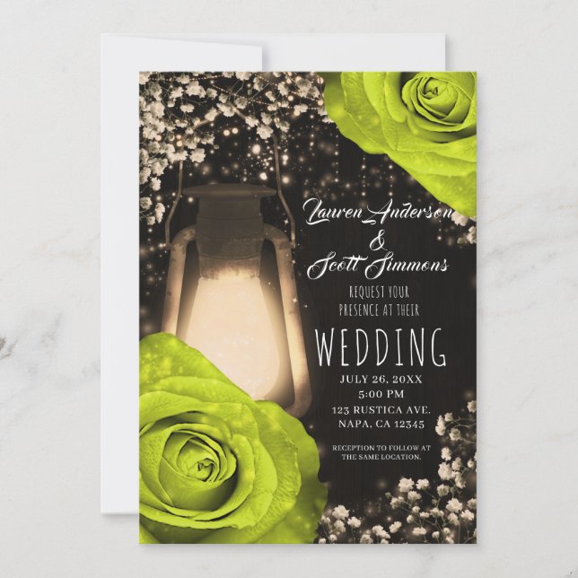 Rustic Glow Lantern Chartreuse Roses Wedding  Invitation (Front)