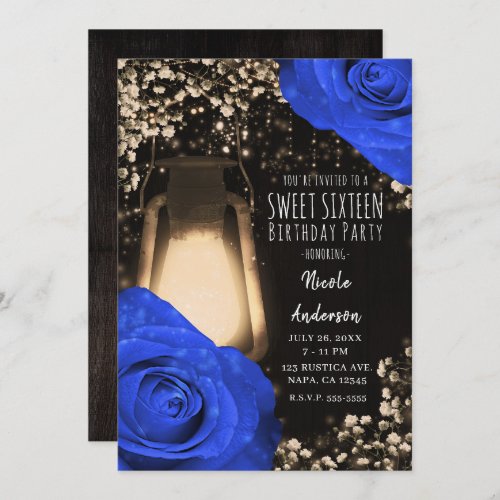 Rustic Glow Lantern  Cobalt Blue Roses Sweet 16 Invitation