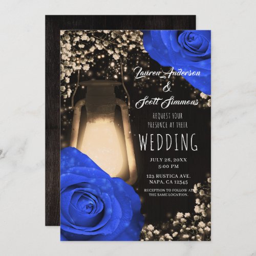 Rustic Glow Lantern  Cobalt Blue Roses Wedding Invitation