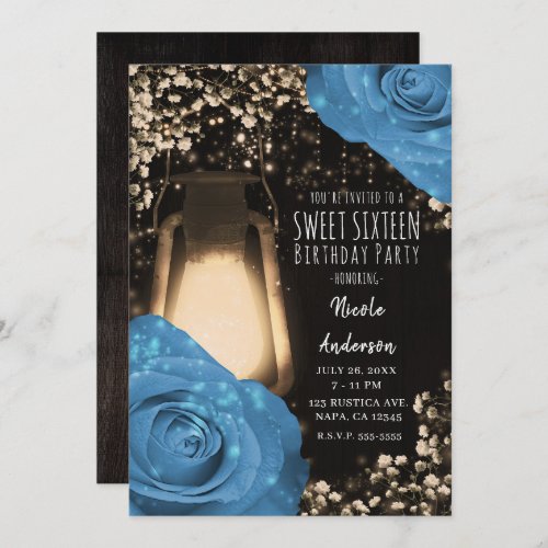 Rustic Glow Lantern Cornflower Blue Roses Sweet 16 Invitation