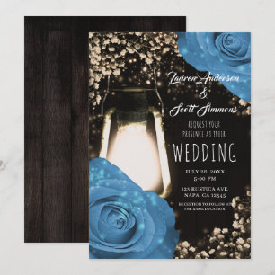 Rustic Glow Lantern Cornflower Blue Roses Wedding Invitation
