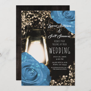 Rustic Glow Lantern Cornflower Blue Roses Wedding Invitation