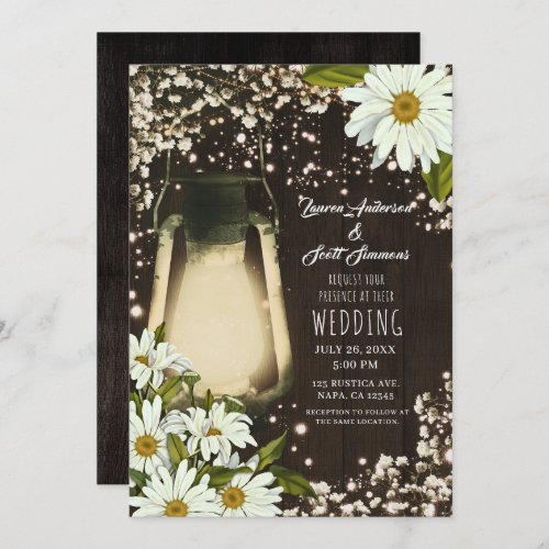 Rustic Glow Lantern Daisies Babys Breath Wedding Invitation