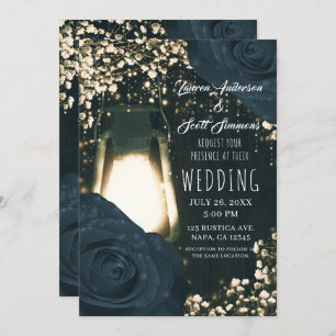 Rustic Glow Lantern & Dark Blue Roses Wedding Invitation