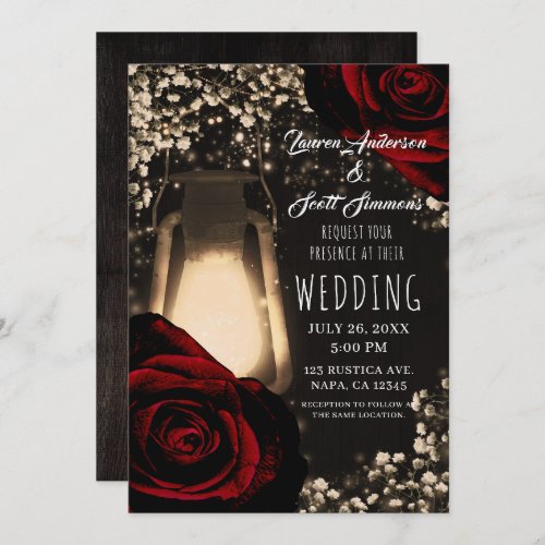 Rustic Glow Lantern  Dark Red Roses Glam Wedding Invitation