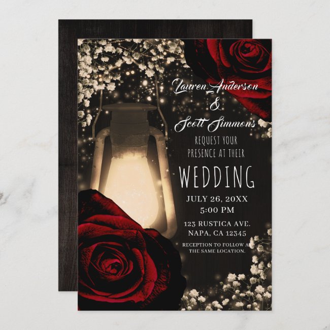 Rustic Glow Lantern & Dark Red Roses Glam Wedding Invitation