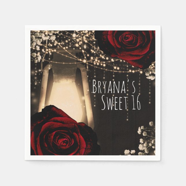 Rustic Glow Lantern Dark Red Roses Sweet 16 Glam Napkins (Front)